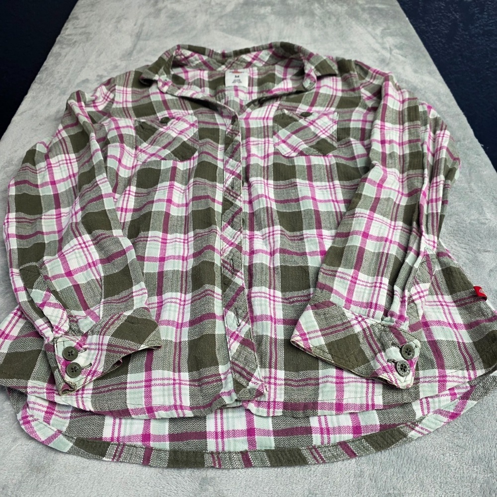 Dickies Flannel Shirt Women's Med Plaid Long Sleeve‎ Button Up Pink and Green